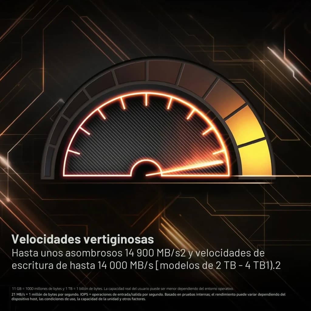 WD Black SN8100 8TB noir, graphique de vitesse: compteur à fond avec texte 14900 MB/s en lecture
