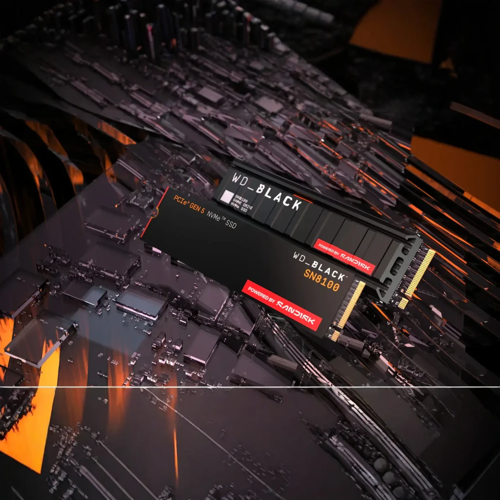 WD Black SN8100 8TB negro, vista frontal: SSD M.2 2280 con etiqueta PCIe Gen 5 NVMe y logo SandDisk en rojo - Ítem2