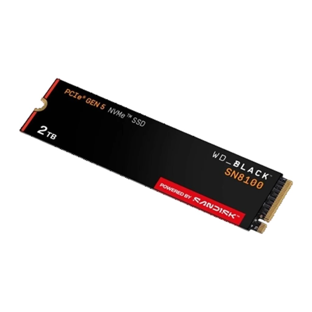 WD Black SN8100 8TB negro, vista frontal: SSD M.2 2280 con etiqueta PCIe Gen 5 NVMe y logo SandDisk en rojo - Ítem1