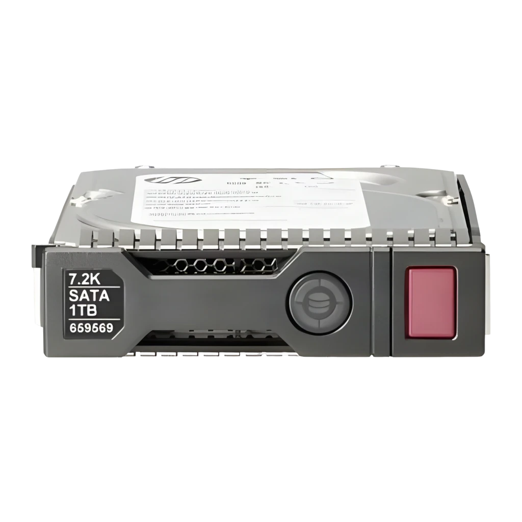 HPE 1TB SATA III 3.5 polegadas preto, vista em perspectiva: caddy preto com botão vermelho e etiqueta prateada - Item1