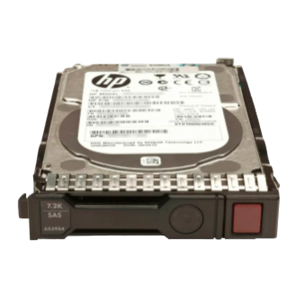 HPE 1TB SATA III 3.5 polegadas preto, vista em perspectiva: caddy preto com botão vermelho e etiqueta prateada - Item2