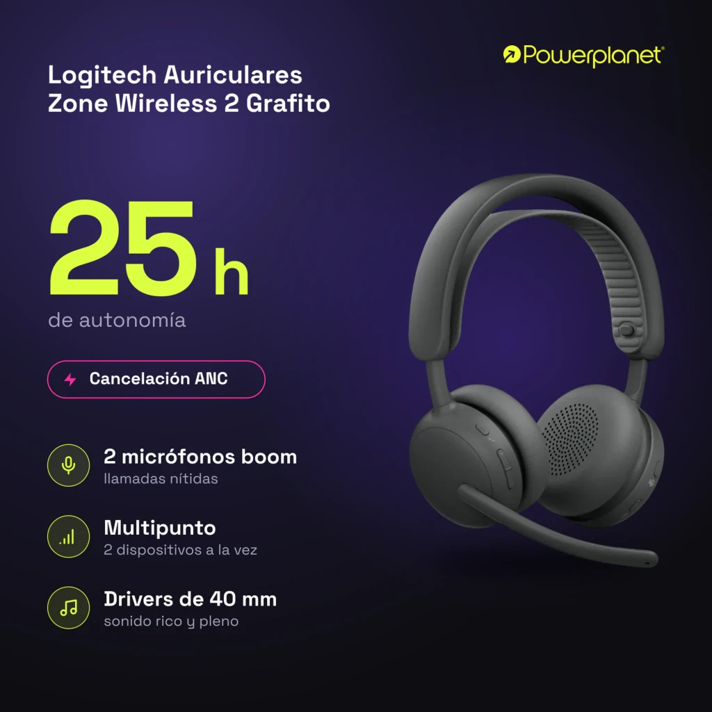 Logitech Auriculares Zone Wireless 2 Grafite, vista em ângulo: almofadas, microfone extensível e arco canelado em cinzento - Item5