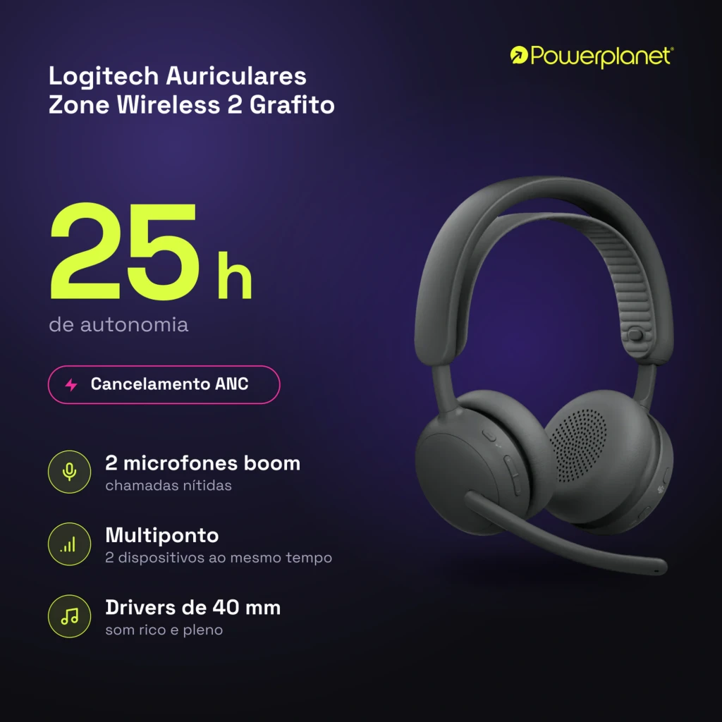 Logitech Auriculares Zone Wireless 2 Grafite, vista em ângulo: almofadas, microfone extensível e arco canelado em cinzento - Item6