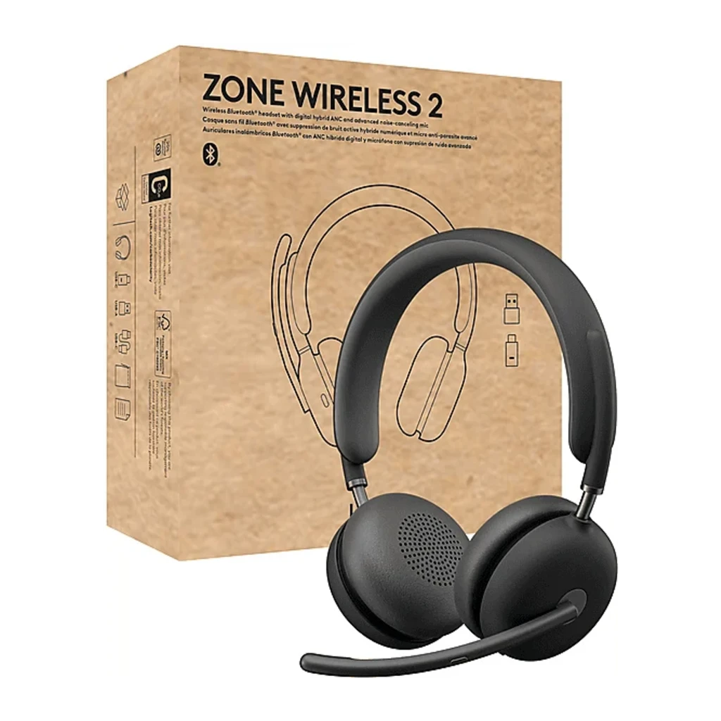 Logitech Auriculares Zone Wireless 2 Grafite, vista em ângulo: almofadas, microfone extensível e arco canelado em cinzento - Item4
