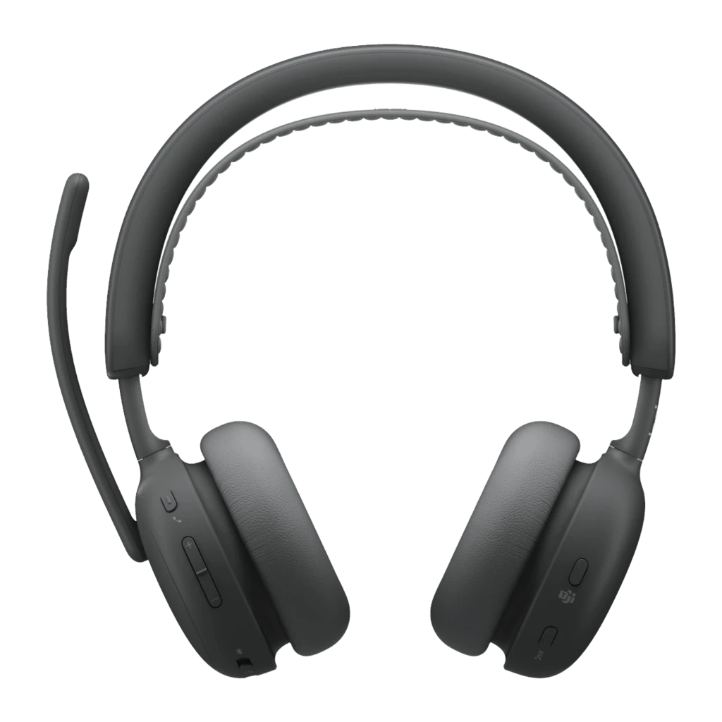 Logitech Auriculares Zone Wireless 2 Grafite, vista em ângulo: almofadas, microfone extensível e arco canelado em cinzento - Item1
