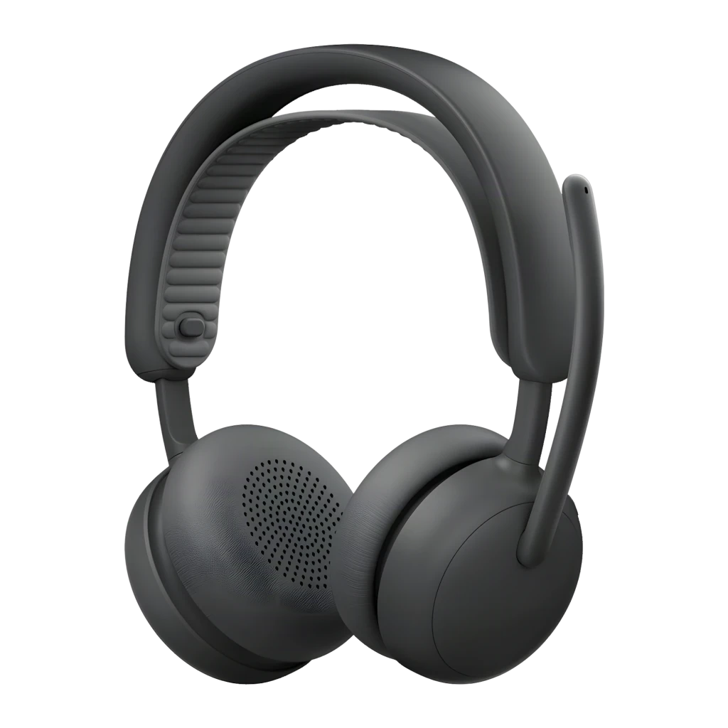 Logitech Auriculares Zone Wireless 2 Grafite, vista em ângulo: almofadas, microfone extensível e arco canelado em cinzento - Item3