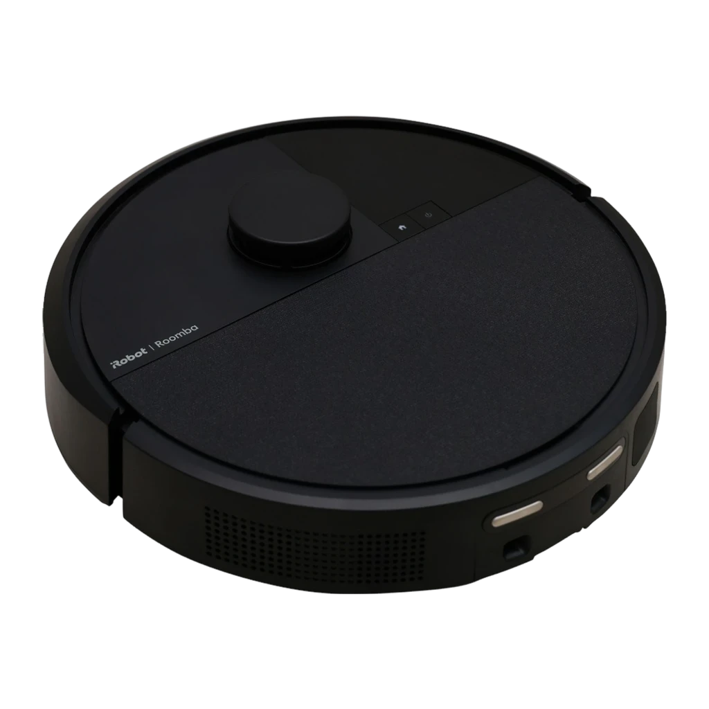 iRobot Roomba Combo Plus 405 negro, vista en perspectiva: lateral con rejilla de ventilación, sensores y altura del cuerpo