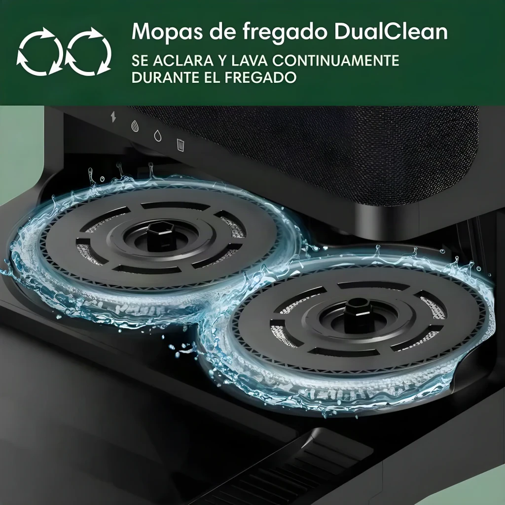 iRobot Roomba Combo Plus 405 negro, detalle inferior: dos mopas giratorias DualClean con efecto agua en movimiento