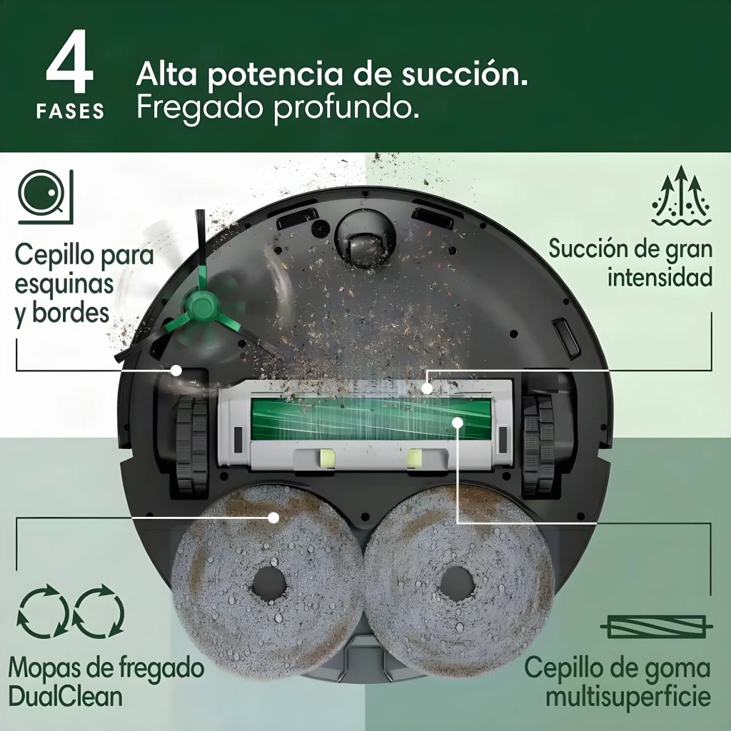 iRobot Roomba Combo Plus 405 negro, vista inferior: cepillo lateral, rodillo de goma, mopas DualClean y sistema de succión 4