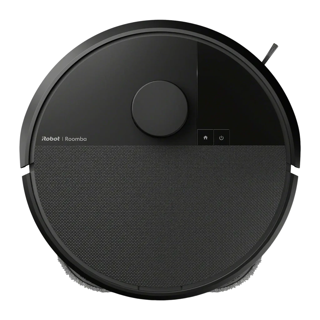 iRobot Roomba Combo Plus 405 negro, vista superior: botón central, botones home y encendido, cepillo lateral y panel