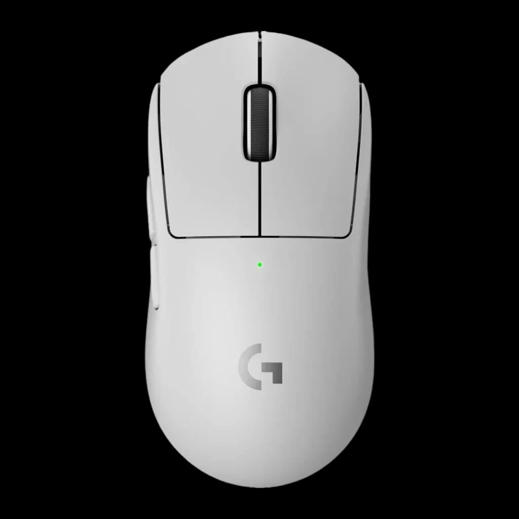 Logitech Rato G PRO X Superlight 2 Branco, vista superior: corpo branco, roda preta e LED verde central