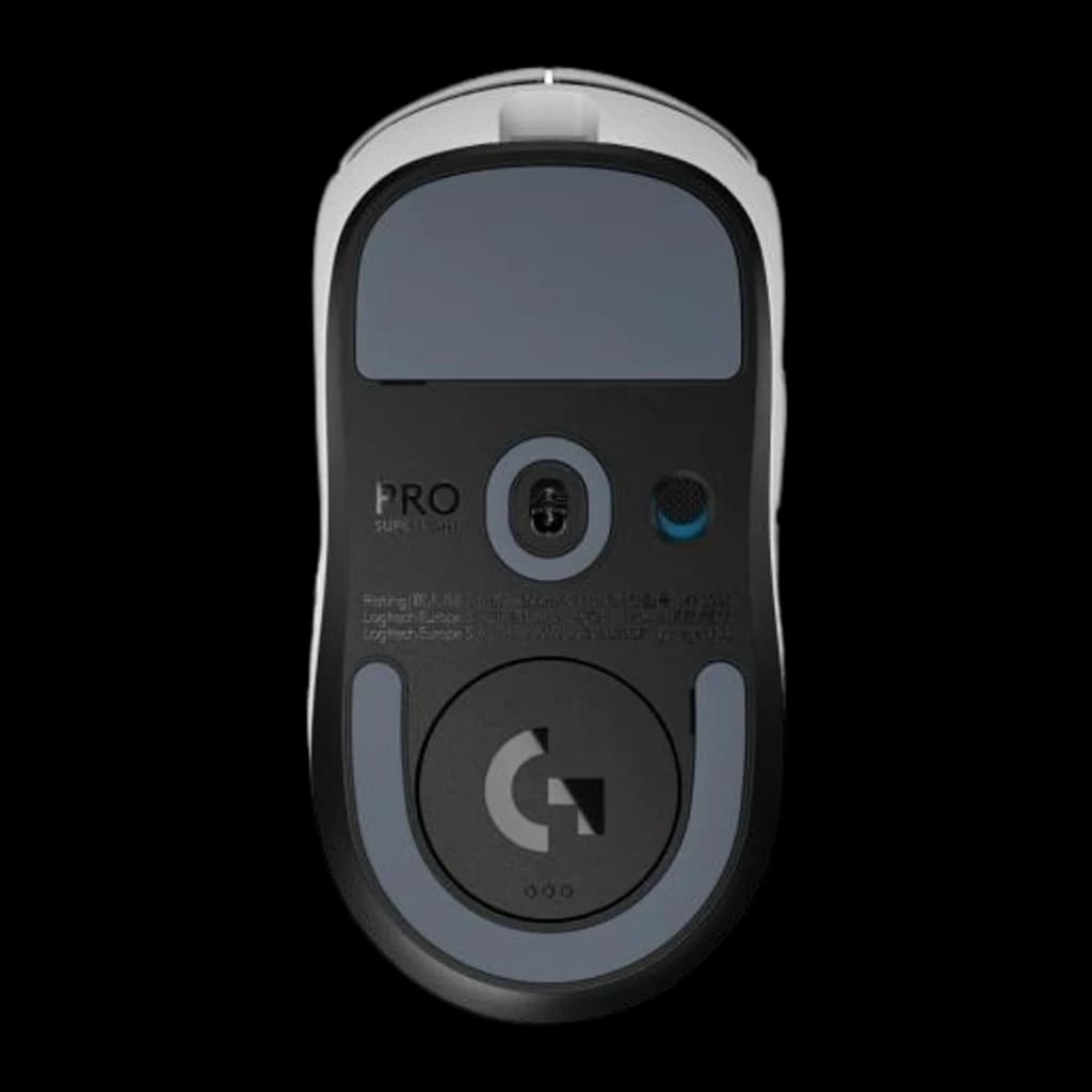 Logitech Rato G PRO X Superlight 2 Branco, vista inferior: sensor óptico, logo G e receptor USB integrado