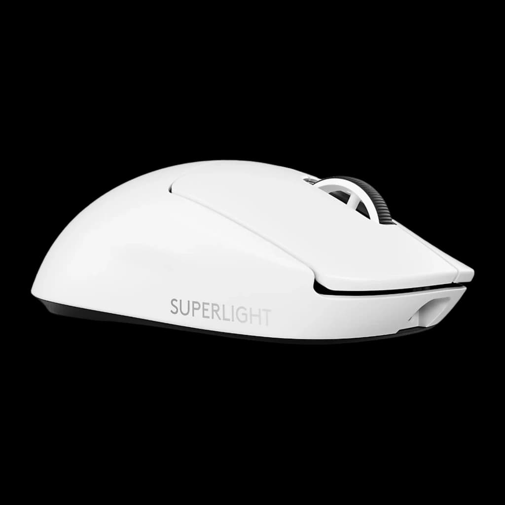 Logitech Rato G PRO X Superlight 2 Branco, vista lateral direita: inscrição SUPERLIGHT e perfil ergonómico