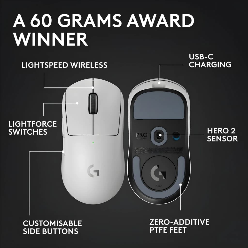 Logitech Rato G PRO X Superlight 2 Branco, infografia: vista superior e inferior com especificações técnicas destacadas
