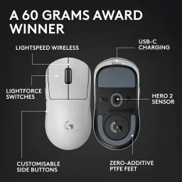 Logitech Rato G PRO X Superlight 2 Branco, infografia: vista superior e inferior com especificações técnicas destacadas