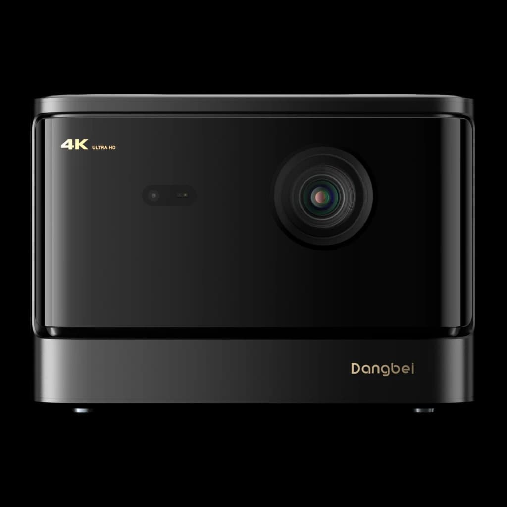 Dangbei Mars Pro 2 Laser 4K UHD preto 32GB, vista frontal: objetiva central, logótipo dourado e etiqueta 4K Ultra HD