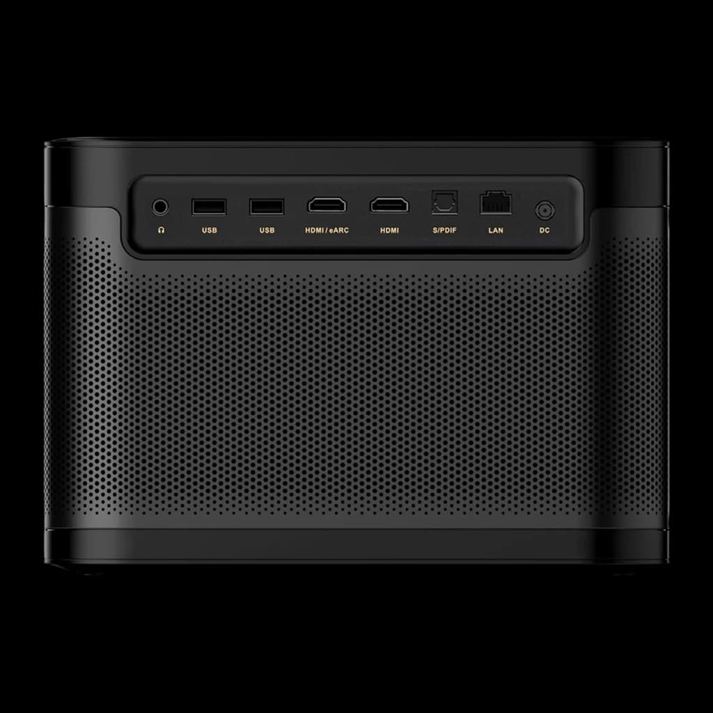 Dangbei Mars Pro 2 Laser 4K UHD preto 32GB, vista traseira: portas USB, HDMI eARC, HDMI, S/PDIF, LAN e DC sobre grelha