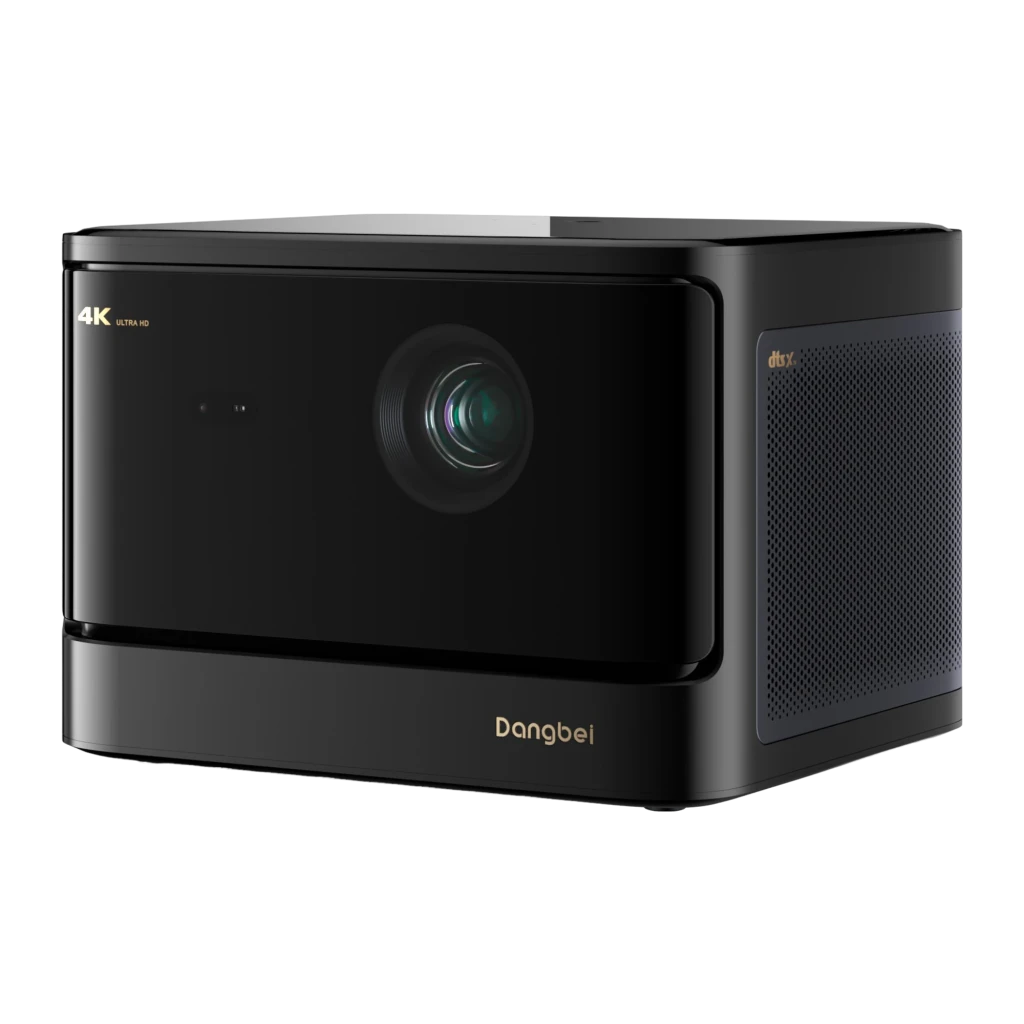 Dangbei Mars Pro 2 Laser 4K UHD preto 32GB, vista frontal: objetiva central, logótipo dourado e etiqueta 4K Ultra HD - Item2
