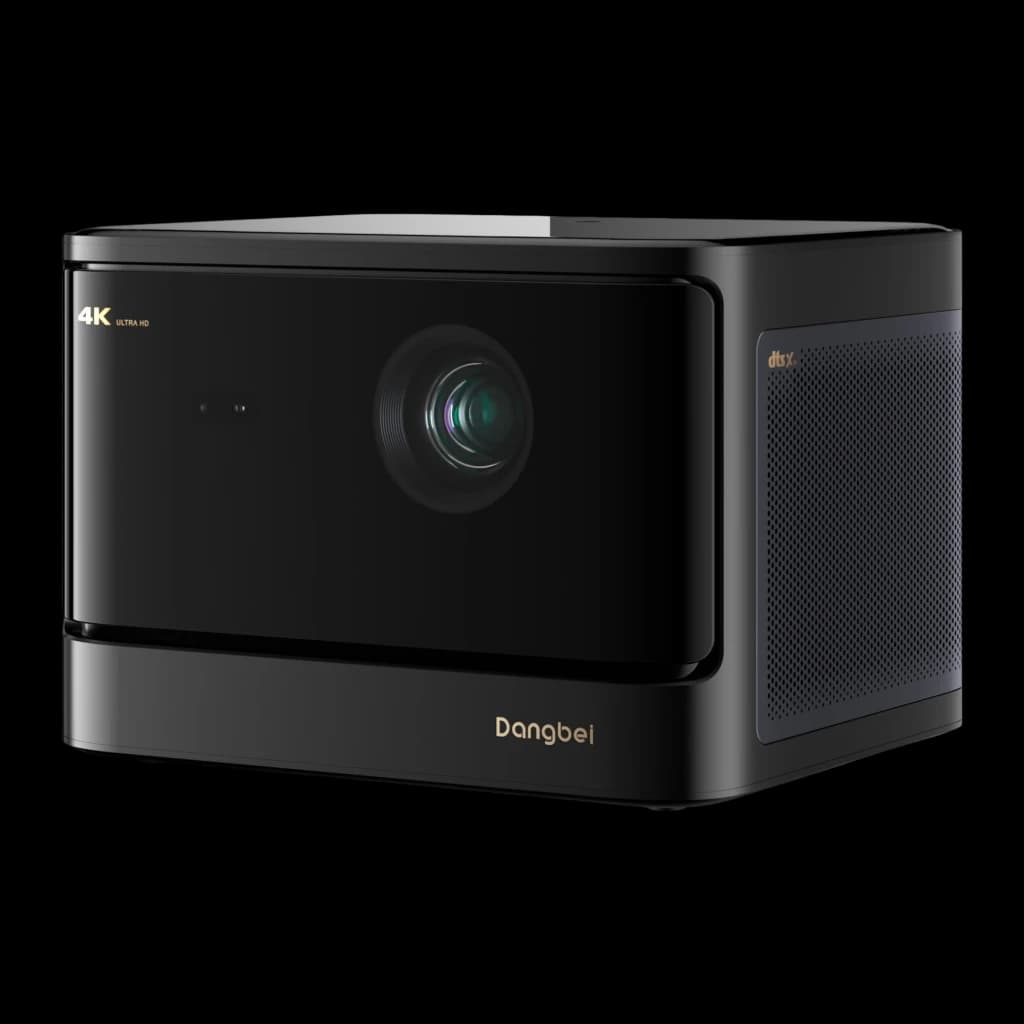 Dangbei Mars Pro 2 Laser 4K UHD preto 32GB, vista em ângulo: objetiva, lateral com grelha DTS-X e logótipo Dangbei dourado