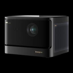 Dangbei Mars Pro 2 Laser 4K UHD preto 32GB, vista em ângulo: objetiva, lateral com grelha DTS-X e logótipo Dangbei dourado