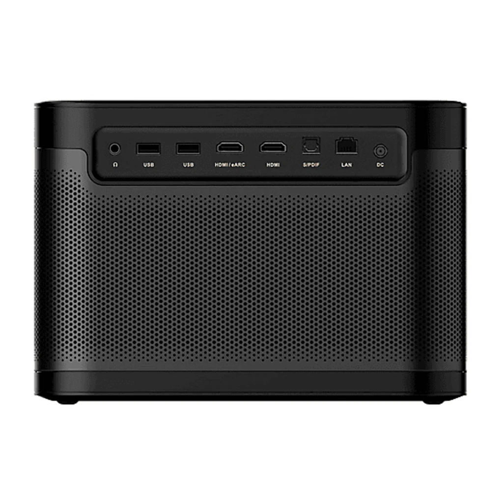 Dangbei Mars Pro 2 Laser 4K UHD preto 32GB, vista frontal: objetiva central, logótipo dourado e etiqueta 4K Ultra HD - Item3