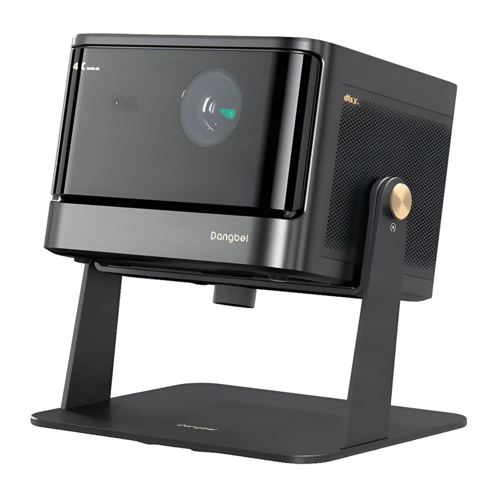 Dangbei Mars Pro 2 Laser 4K UHD preto 32GB, vista frontal: objetiva central, logótipo dourado e etiqueta 4K Ultra HD - Item6