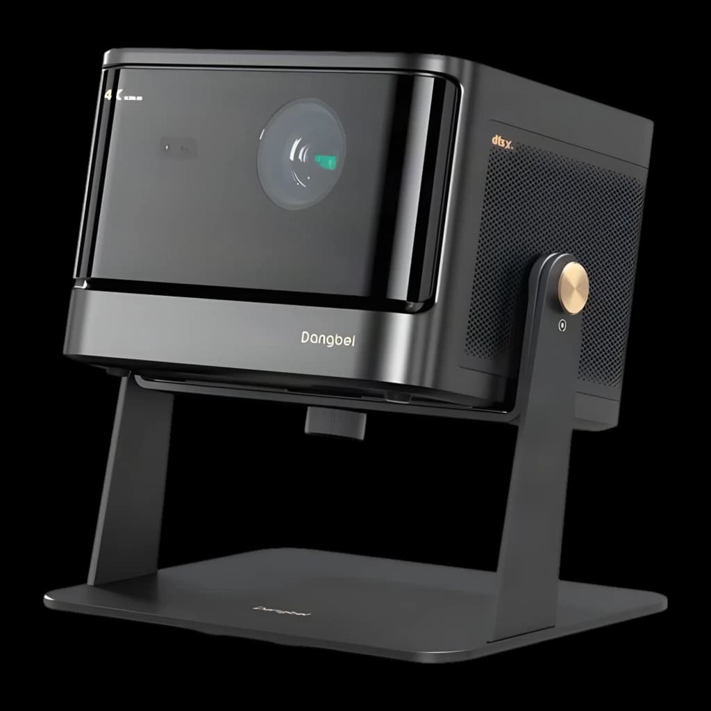 Dangbei Mars Pro 2 Laser 4K 32GB preto, vista frontal-lateral: lente central, grelha DTS, botão dourado e suporte