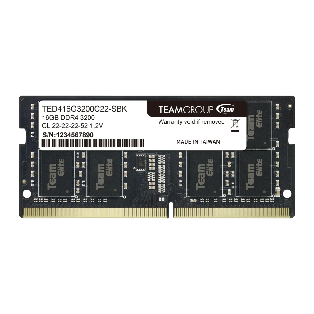 Team Group Elite 16GB DDR4 3200MHz SO-DIMM preto, frente: PCB preto com 8 chips Team Elite e conector dourado - Item1