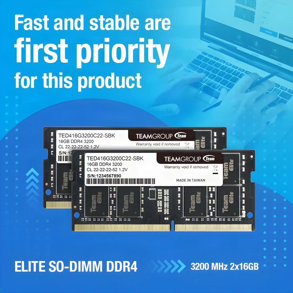 Team Group Elite 16GB DDR4 3200MHz SO-DIMM preto, frente: PCB preto com 8 chips Team Elite e conector dourado - Item3