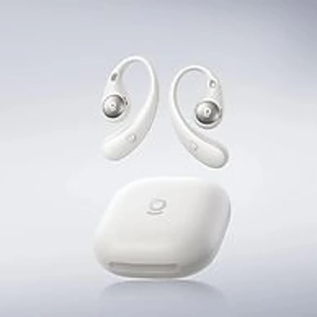 Baseus Eli Sport 2 Open-Ear TWS blanc, vue avant: écouteurs flottant au-dessus du boîtier de charge fermé avec logo