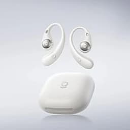 Baseus Eli Sport 2 Open-Ear TWS blanc, vue avant: écouteurs flottant au-dessus du boîtier de charge fermé avec logo