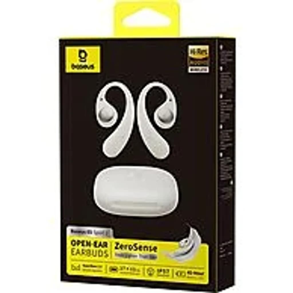 Baseus Eli Sport 2 Open-Ear TWS blanc, boîte avant: emballage noir avec écouteurs et boîtier de charge blancs visibles