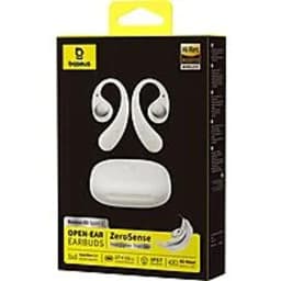 Baseus Eli Sport 2 Open-Ear TWS blanc, boîte avant: emballage noir avec écouteurs et boîtier de charge blancs visibles