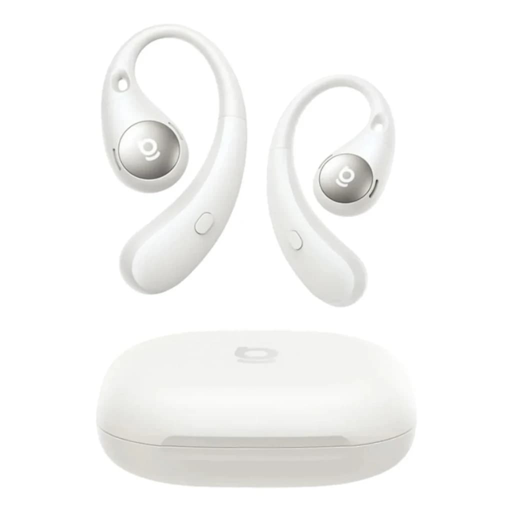 Baseus Eli Sport 2 Open-Ear TWS blanc, vue de face: écouteurs à crochet auriculaire et boîtier de charge ouvert