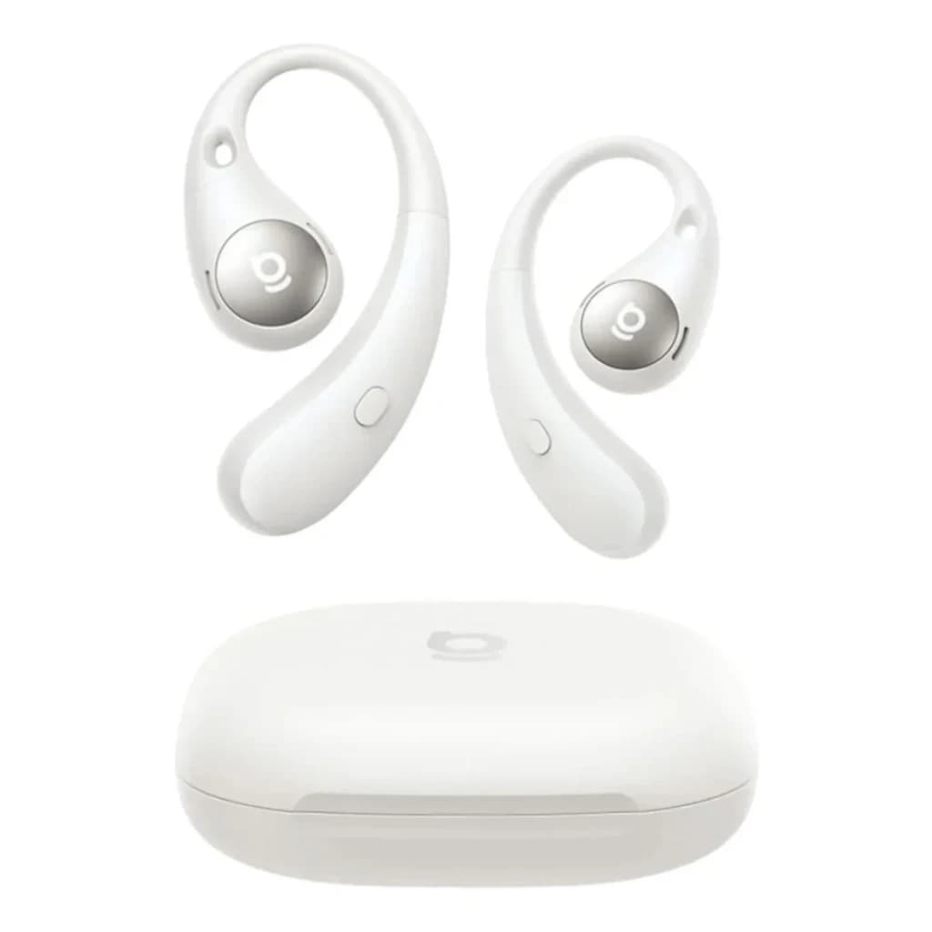 Écouteurs Baseus Eli Sport 2 Open-Ear TWS Bluetooth 6.0 blancs avec design tour d’oreille, coques argentées, boutons latéraux et boîtier de charge compact