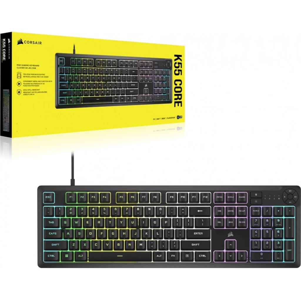 Corsair Teclado K55 Core Preto PT, vista superior: iluminação RGB multicolor, teclas pretas e roda de volume - Item2