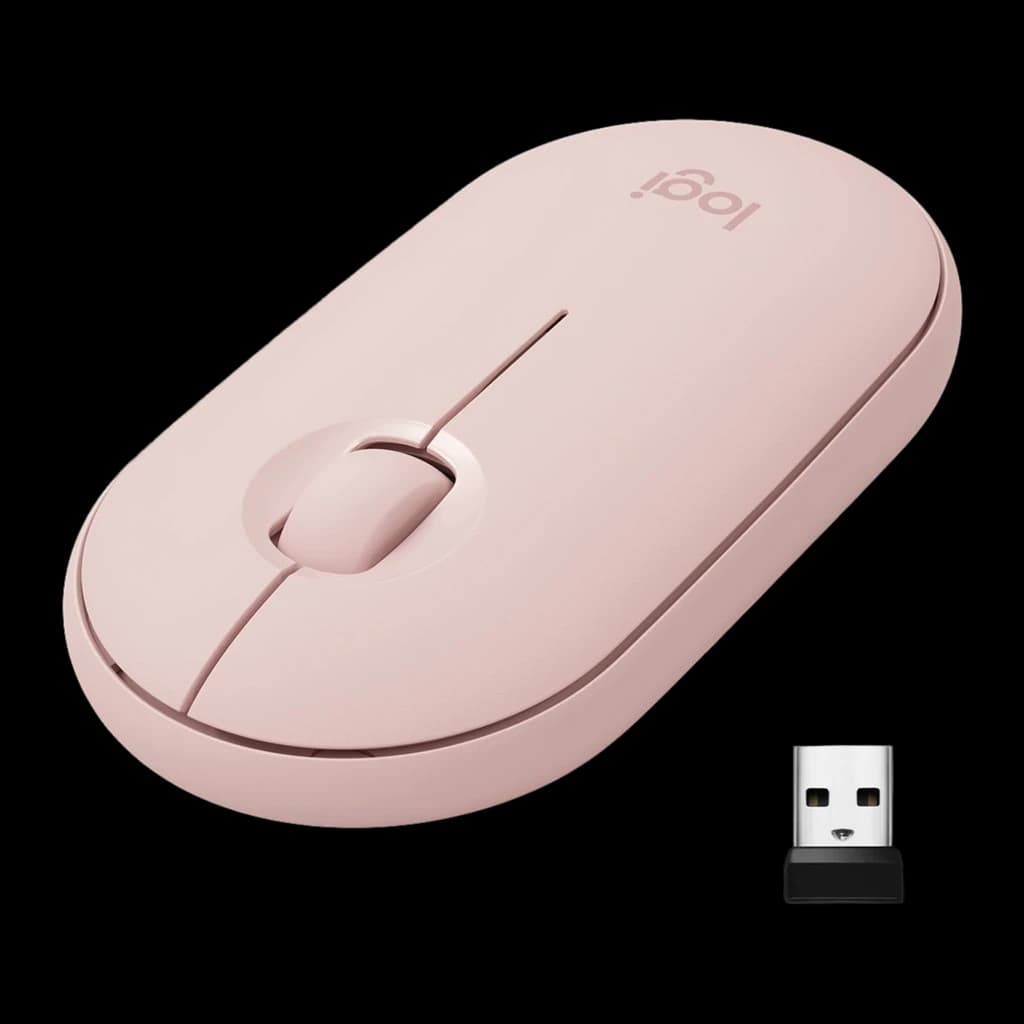 Logitech Pebble Mouse 2 M350s Rosa, kit: ratón en vista en perspectiva junto a receptor USB nano negro