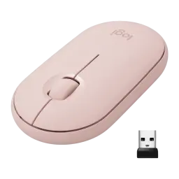 Logitech Pebble Mouse 2 M350s Rosa, kit: ratón en vista en perspectiva junto a receptor USB nano negro