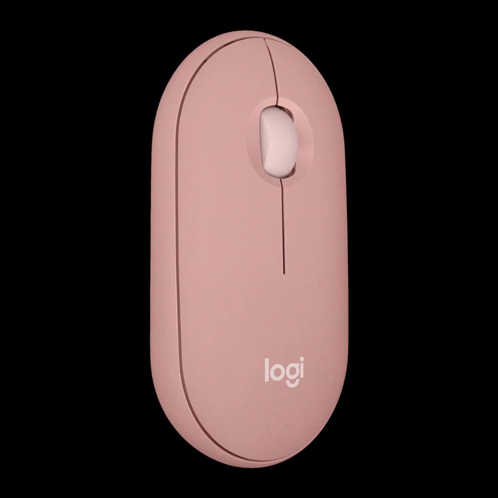 Logitech Pebble Mouse 2 M350s Rosa, vista superior: diseño ovalado, rueda de scroll y logo logi visibles
