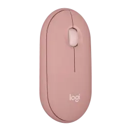 Logitech Pebble Mouse 2 M350s Rosa, vista superior: diseño ovalado, rueda de scroll y logo logi visibles