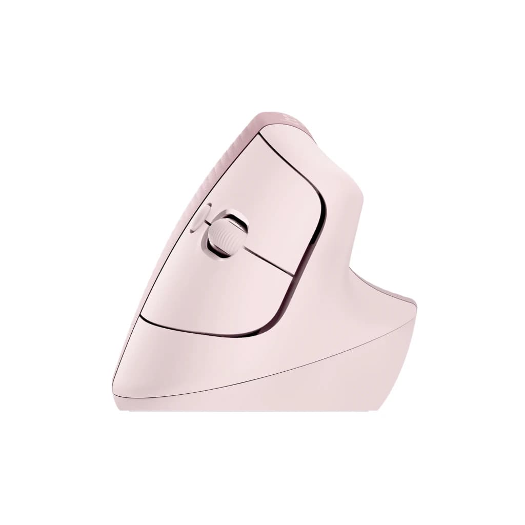 Logitech Ratón Lift Vertical Ergonómico Rosa, vista lateral: forma vertical inclinada, rueda de scroll y botones superiores