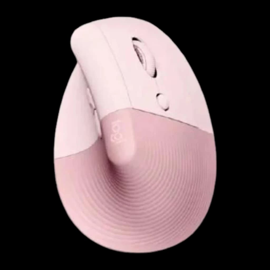 Logitech Lift Vertical Ergonómico rosa, vista frontal desde arriba: rueda SmartWheel, botón y base con estrías concéntricas