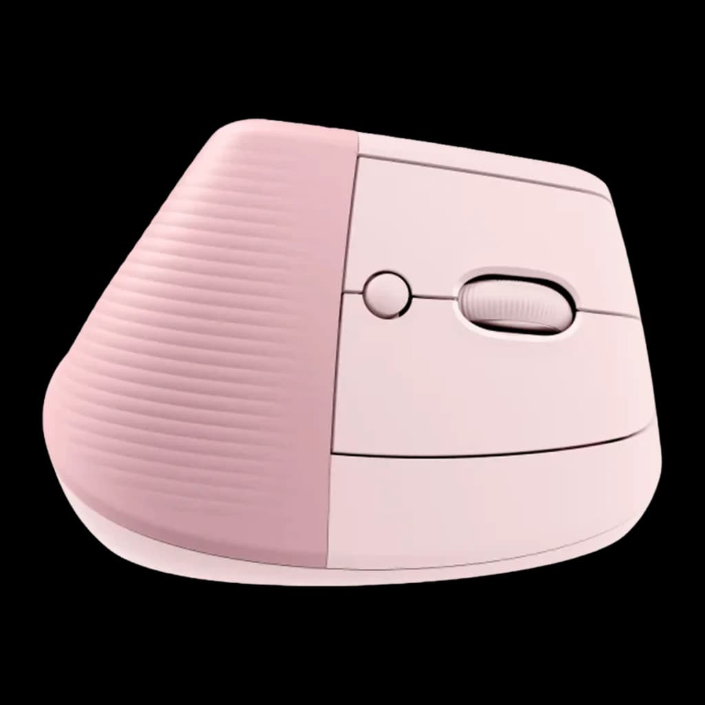 Logitech Lift Vertical Ergonómico rosa, vista trasera superior: rueda de desplazamiento, botón central y estrías laterales