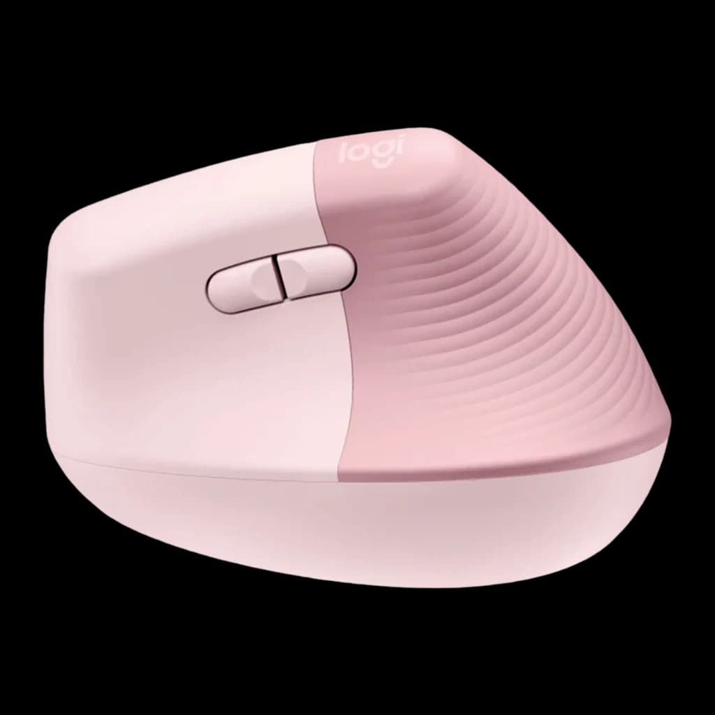 Logitech Lift Vertical Ergonómico rosa, vista lateral izquierda: perfil inclinado, rueda de desplazamiento y textura