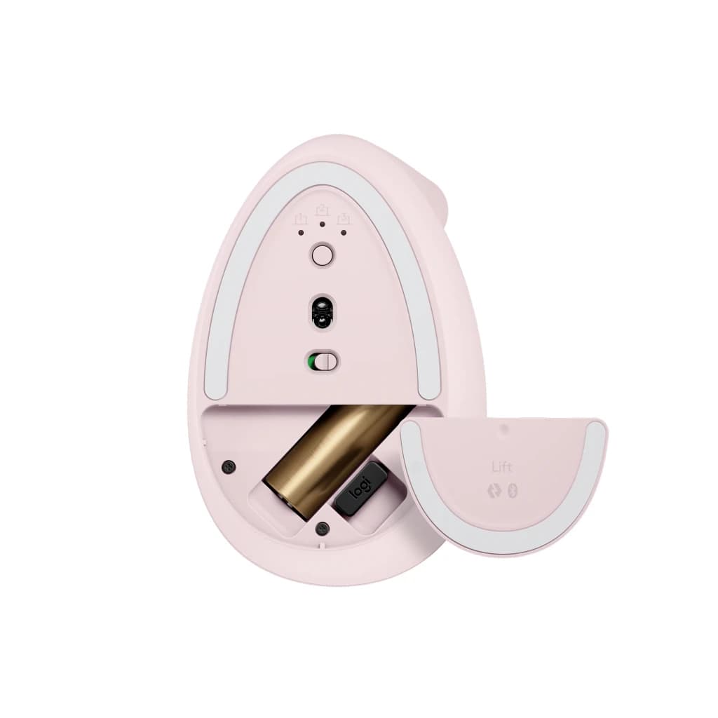 Logitech Ratón Lift Vertical Ergonómico Rosa, base: compartimento de batería abierto con pila AA y receptor USB