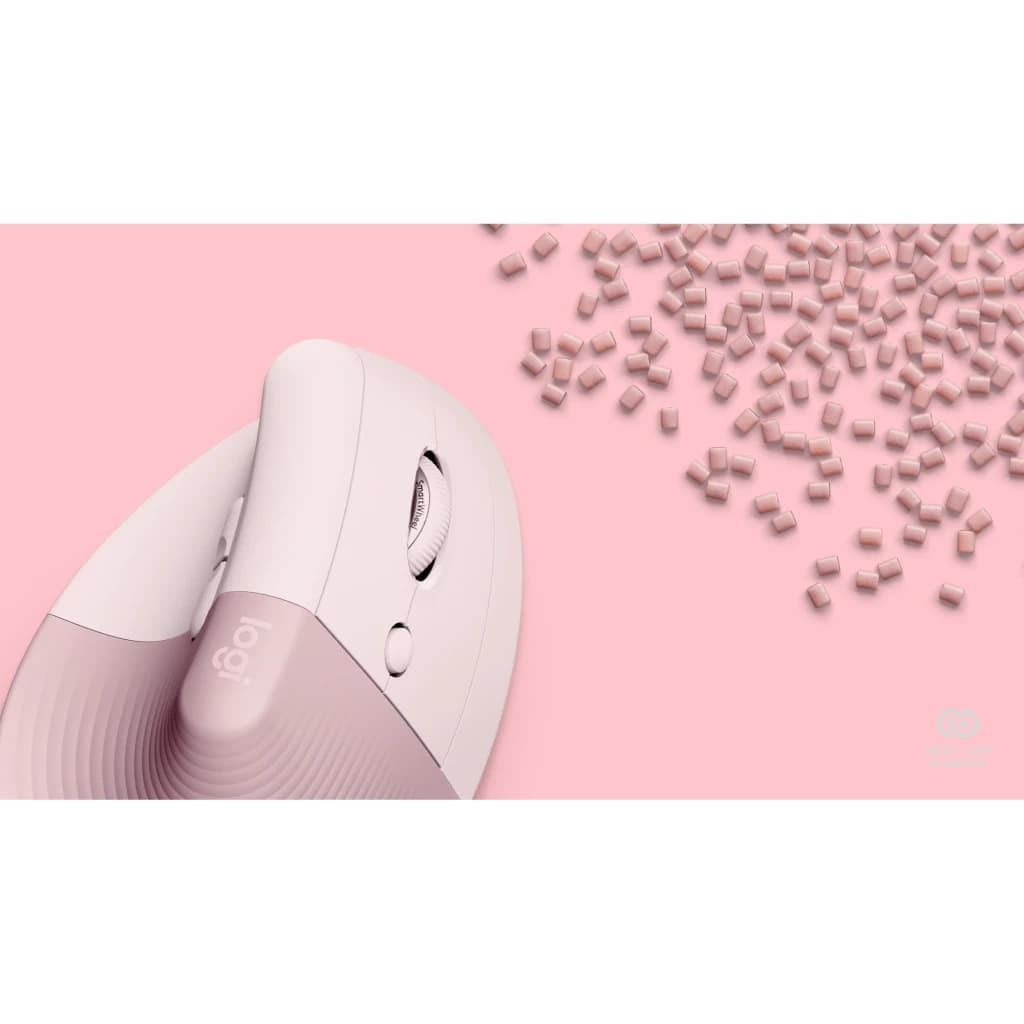 Logitech Ratón Lift Vertical Ergonómico Rosa, detalle lateral: rueda de desplazamiento y botón lateral sobre fondo rosa