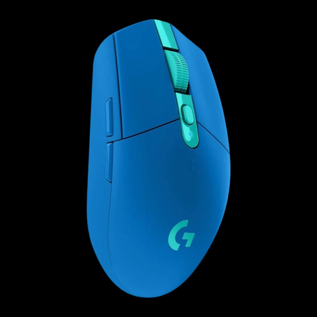 Logitech Souris G305 Lightspeed Wireless Bleu, vue latérale gauche: boutons latéraux et molette turquoise visibles