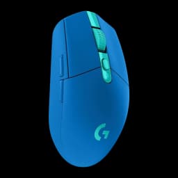 Logitech Souris G305 Lightspeed Wireless Bleu, vue latérale gauche: boutons latéraux et molette turquoise visibles