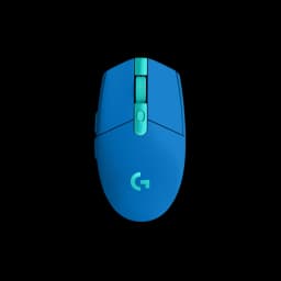 Logitech Souris G305 Lightspeed Wireless Bleu, vue de dessus: logo G illuminé en turquoise et molette sur fond noir