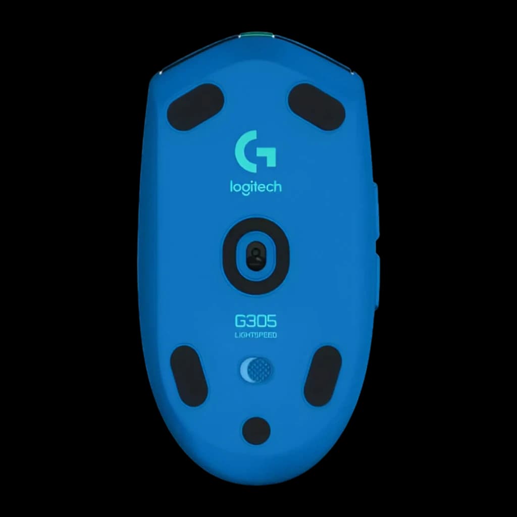 Logitech Souris G305 Lightspeed Wireless Bleu, vue dessous: capteur optique, patins et logo Logitech G turquoise